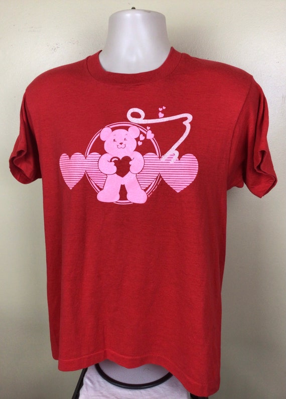 Vtg 1985 Heart Bear T-Shirt Red M/L 80s Screen St… - image 4