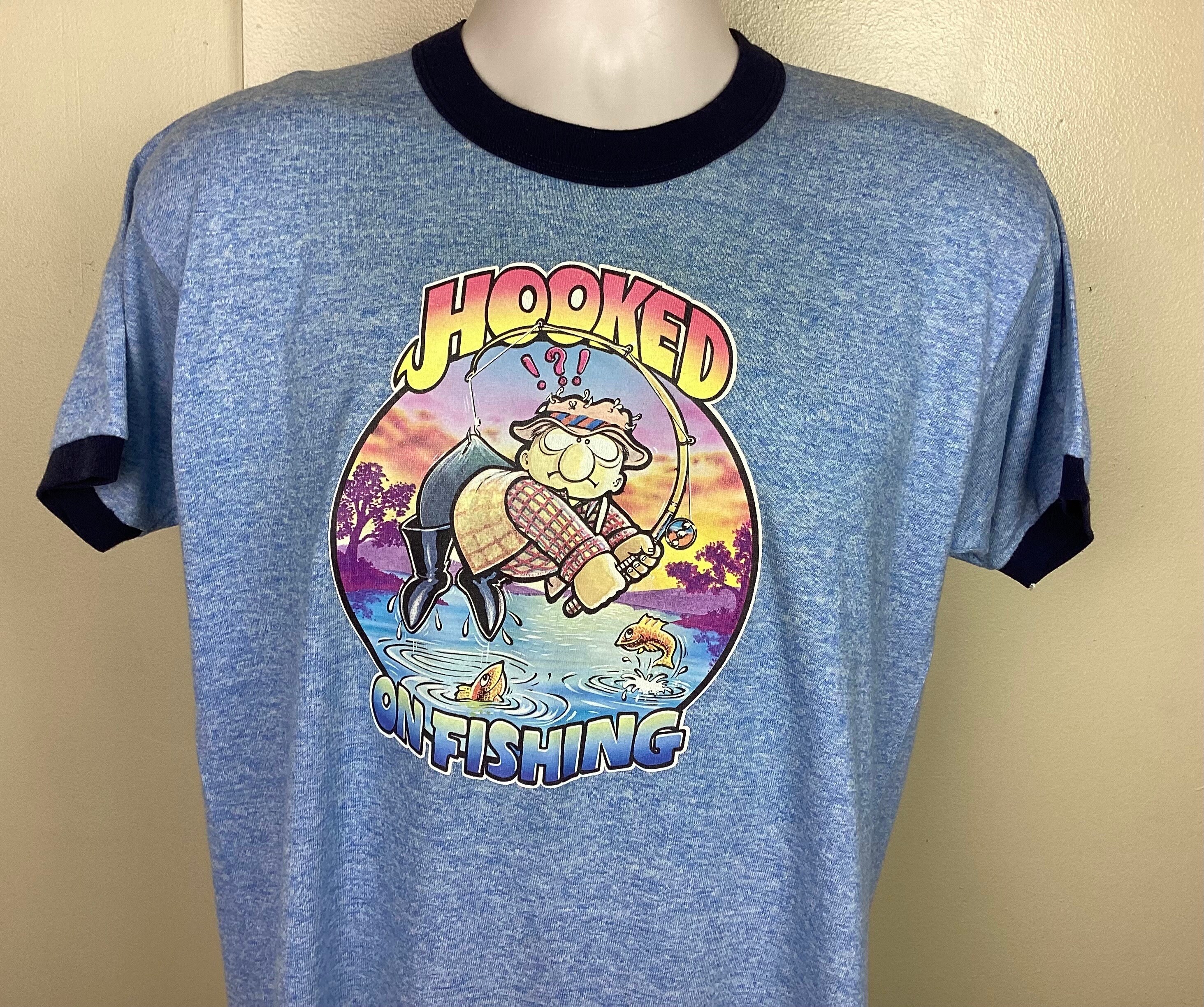 Vtg 1978 Hooked on Fishing Iron on T-shirt Heather Blue M/L
