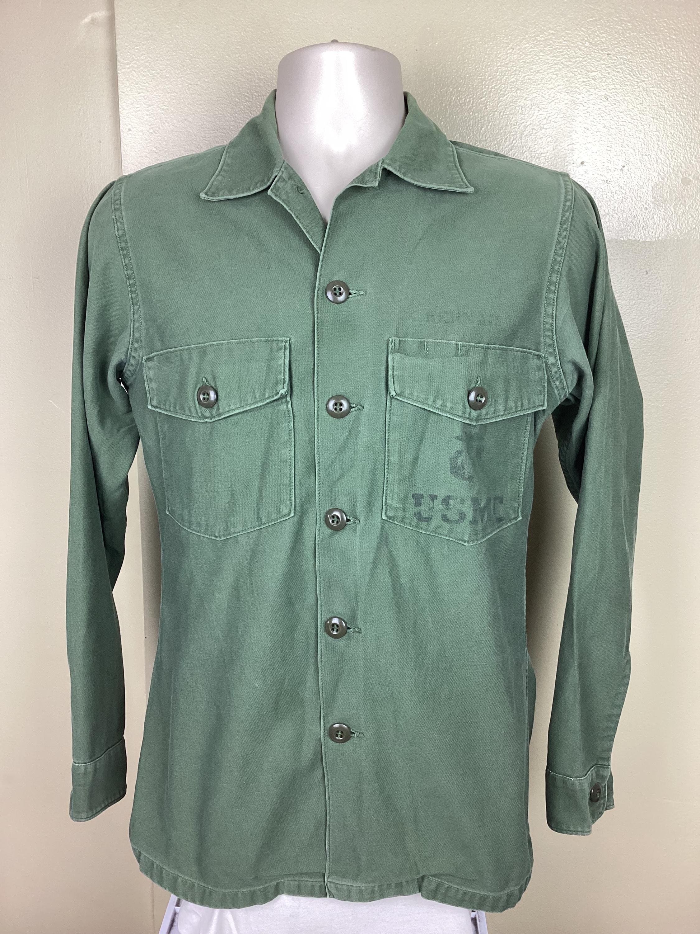 Vtg 60s 70s USMC Og 107 Sateen Shirt Olive Green XS/S Button Down