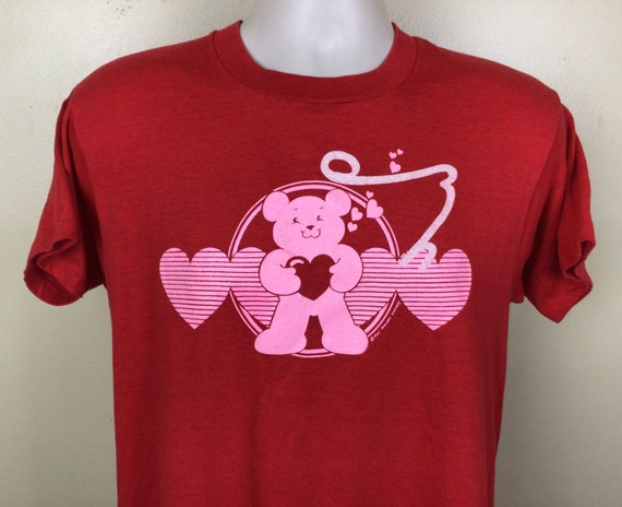 Vtg 1985 Heart Bear T-Shirt Red M/L 80s Screen St… - image 1