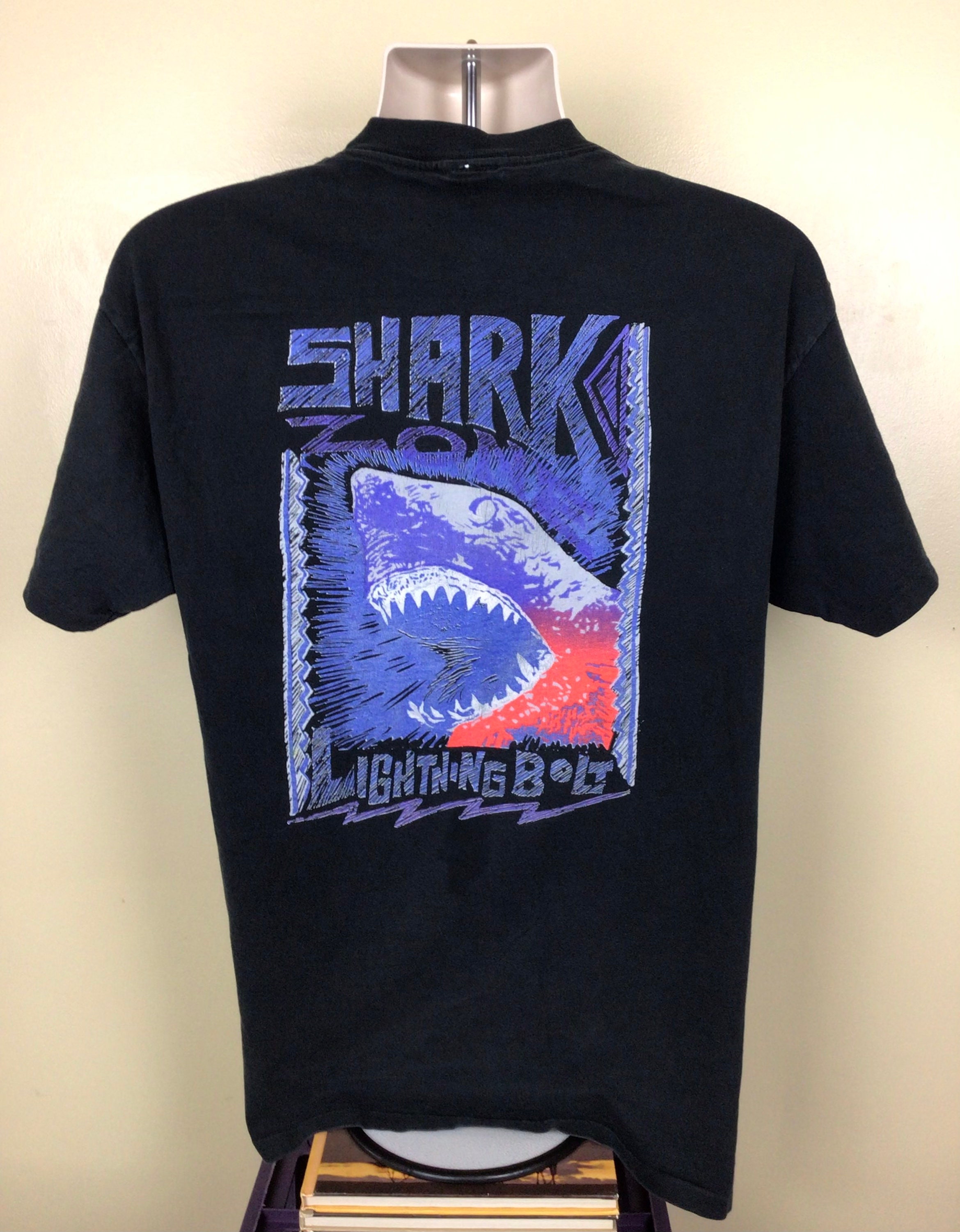 Vtg 80s 90s Lightning Bolt Shark Zone T-shirt Black L Surf