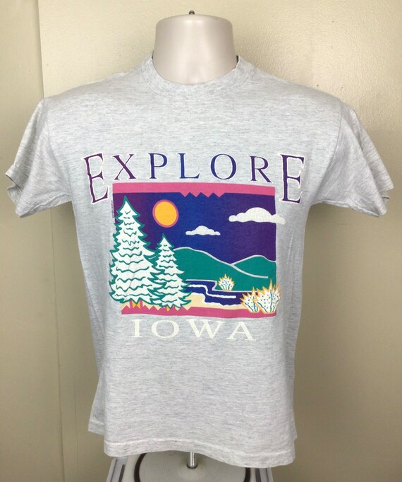 Vtg 1991 Explore Iowa T-Shirt Heather Gray S Natu… - image 2