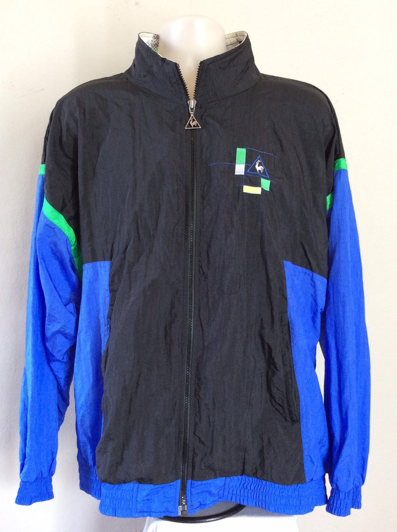 Vtg 80s Early 90s Le Coq Sportif Windbreaker Jacket Black Blue L French Sneaker Brand image 6