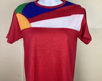 Vtg 70er 80er Rite Smart Color Block T-Shirt Rot Mehrfarbig Damen Kinder Größe 16 Color Block Single Stitch Blank