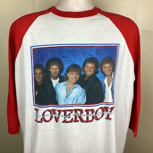 Vtg 1986 Loverboy Raglan Jersey Style Concert T-Shirt White Red XL 80s Lovin Every Minute Of It Hard Classic Rock Pop Band Tour