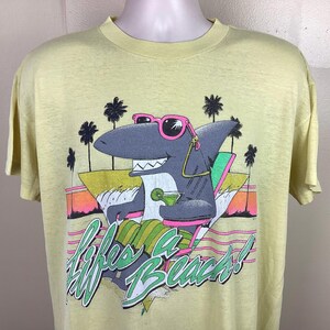 Vtg 80er 90er Jahre Hai T-Shirt Gelb L/XL SSI Sommer Cartoon Single Stitch