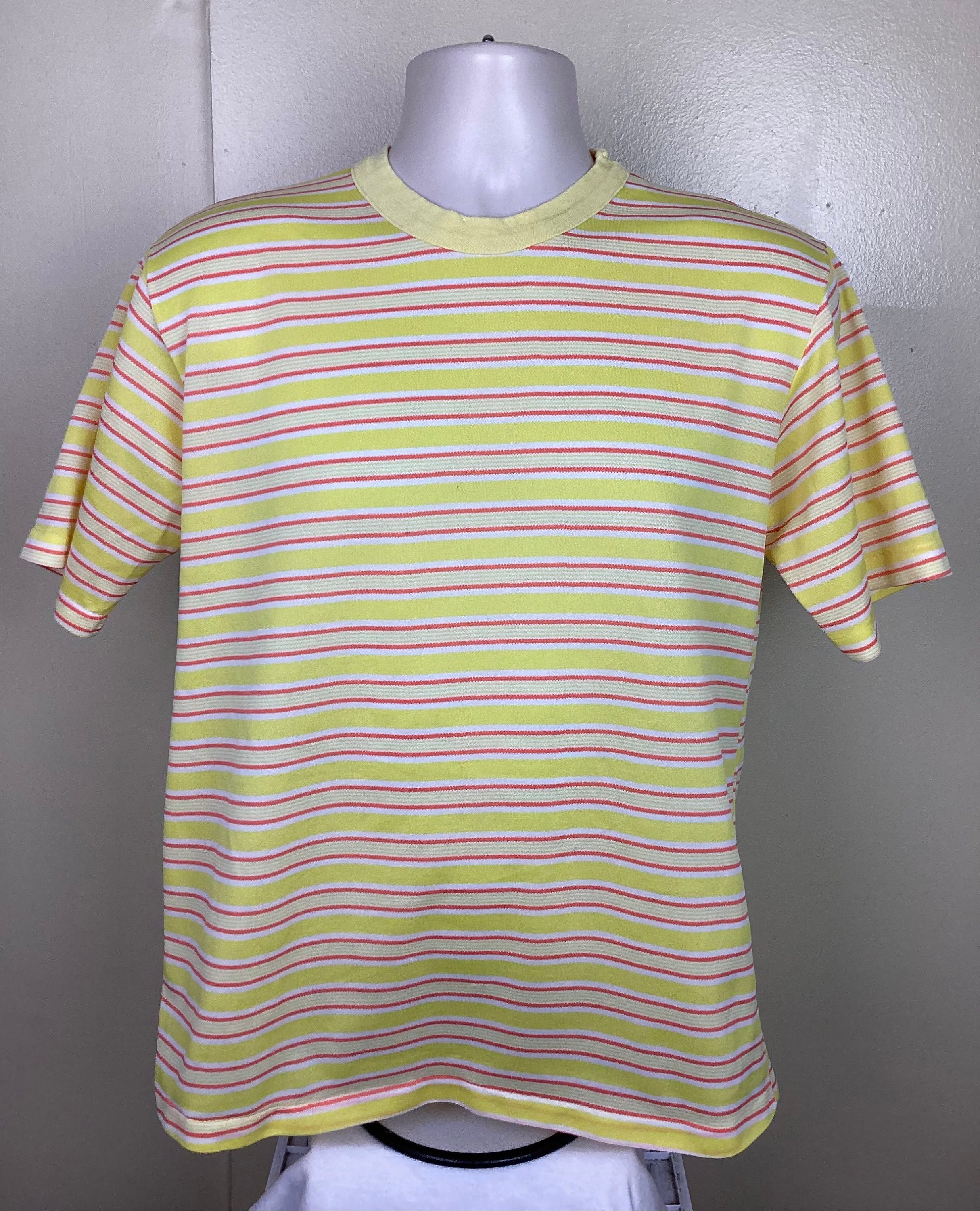Vtg 60s 70s Premium Collection Striped Polyester T-shirt Yellow