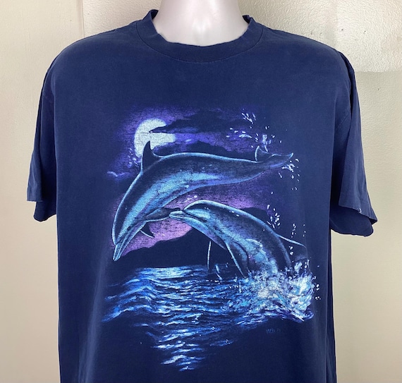 Vtg 90s Dolphins T-shirt Blue XL Animal Wildlife Ocean Sea Life