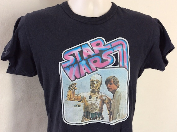 Vtg 70s Star Wars Iron-on T-shirt Black M Sci Fi Movie C-3PO