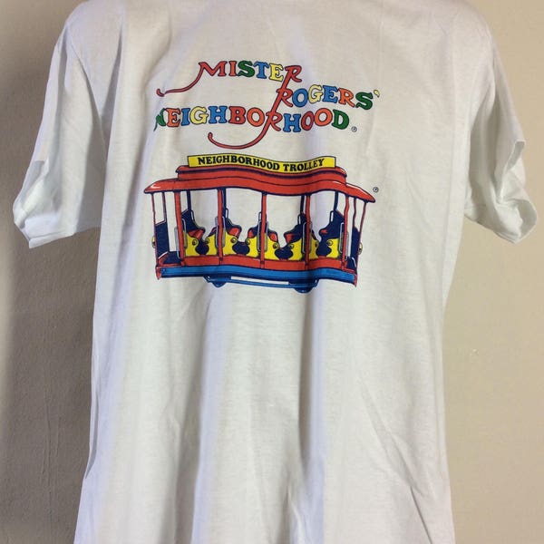 Vtg 1985 Mister Rogers Neighborhood Trolley T-Shirt White XL 80s Screen Stars Kids TV Show Deadstock