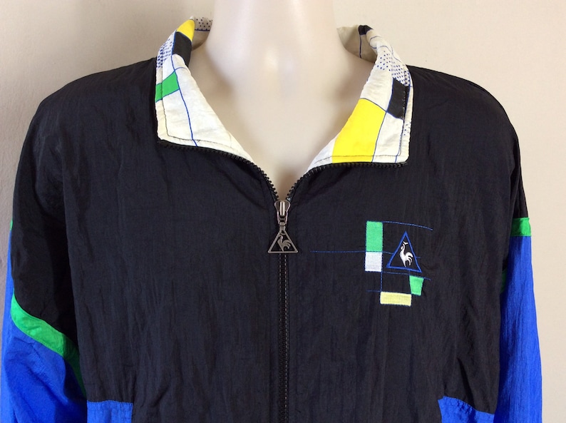 Vtg 80s Early 90s Le Coq Sportif Windbreaker Jacket Black Blue L French Sneaker Brand image 1
