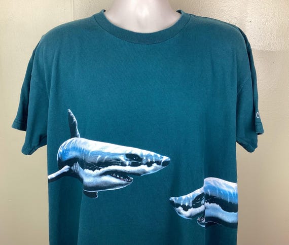 1990s J.FRANCOIS ビッグシャークカラー　シルクシャツ　イタリア製 Vtg 90s Y2K Sharks Wraparound Graphic T-shirt Teal Green L Animal