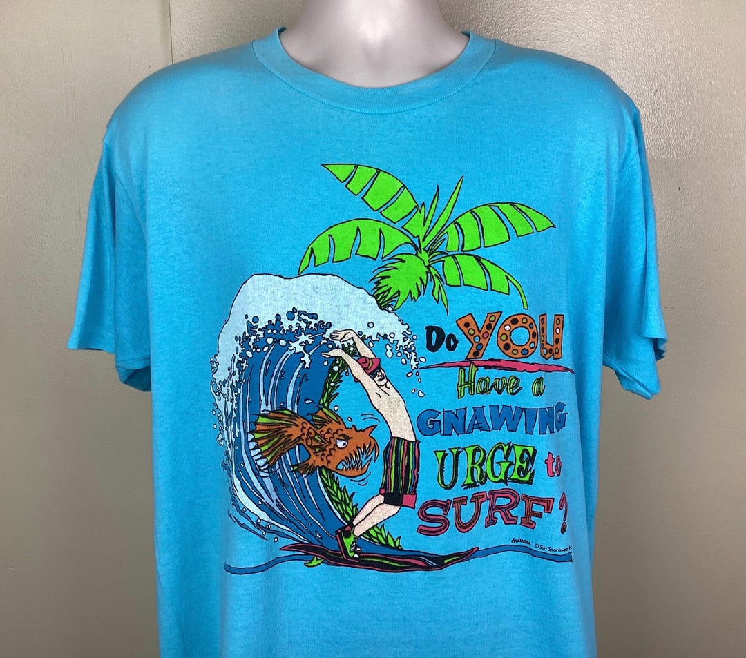 Vintage 80s 90s Gnawing Urge to Surf T-shirt Blue XL Surfing
