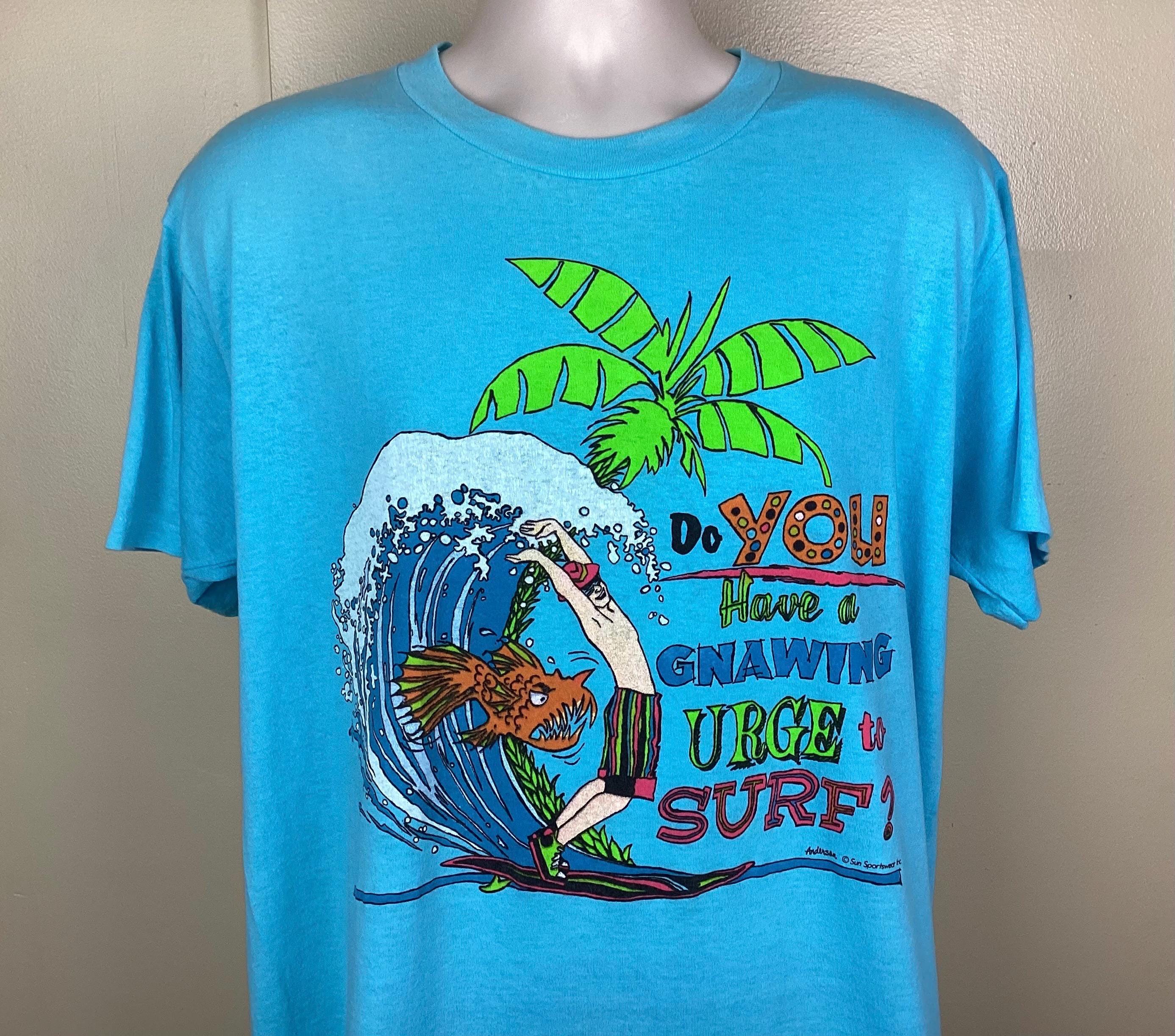 Vintage 80s 90s Gnawing Urge to Surf T-shirt Blue XL Surfing