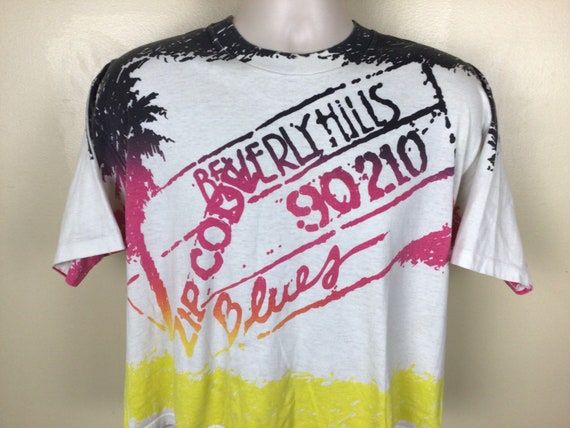 Vtg 90s Beverly Hills Blues Boxy Fit All Over Print T-shirt White 