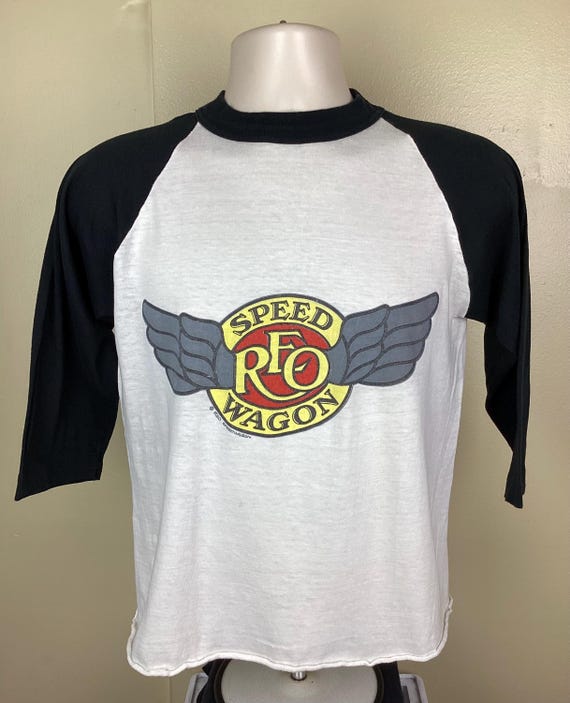 Vintage 80s REO Speedwagon Raglan Jersey Style T-shirt White Black