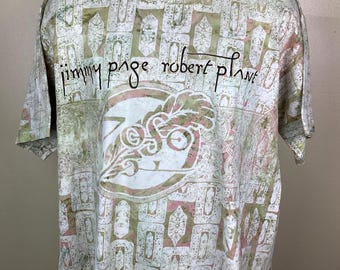 Vintage 1995 Jimmy Page Robert Plant Concert T-shirt Beige Green