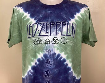 Vtg 2003 Led Zeppelin Liquid Blue Tie Dye T-Shirt Green M Y2K Single Stitch Classic Rock Band Made In USA