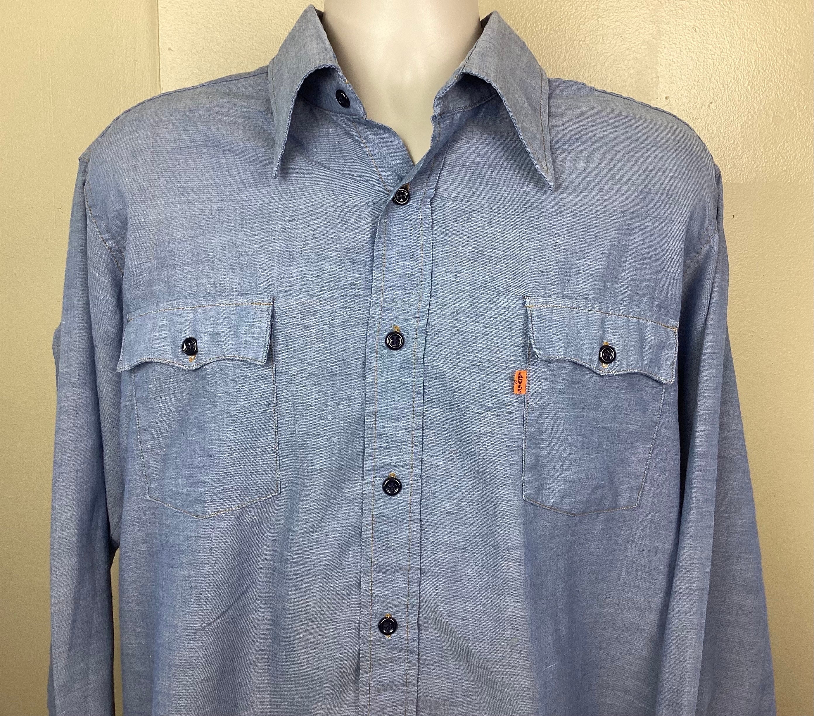 Vtg 70s Levi's Orange Tab Chambray Button Down Shirt Blue XL Levis