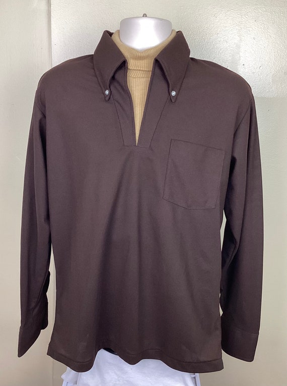 Vtg 70s Turtleneck Shirt Brown L Polyester Combin… - image 2