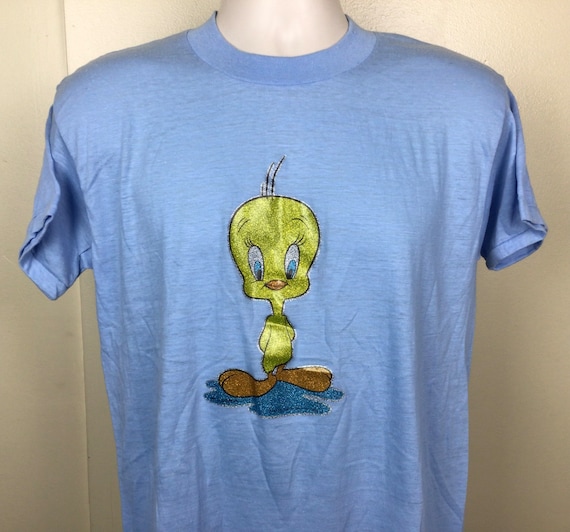 Vtg 80s Tweety Bird Glitter Iron On T-Shirt Blue … - image 1