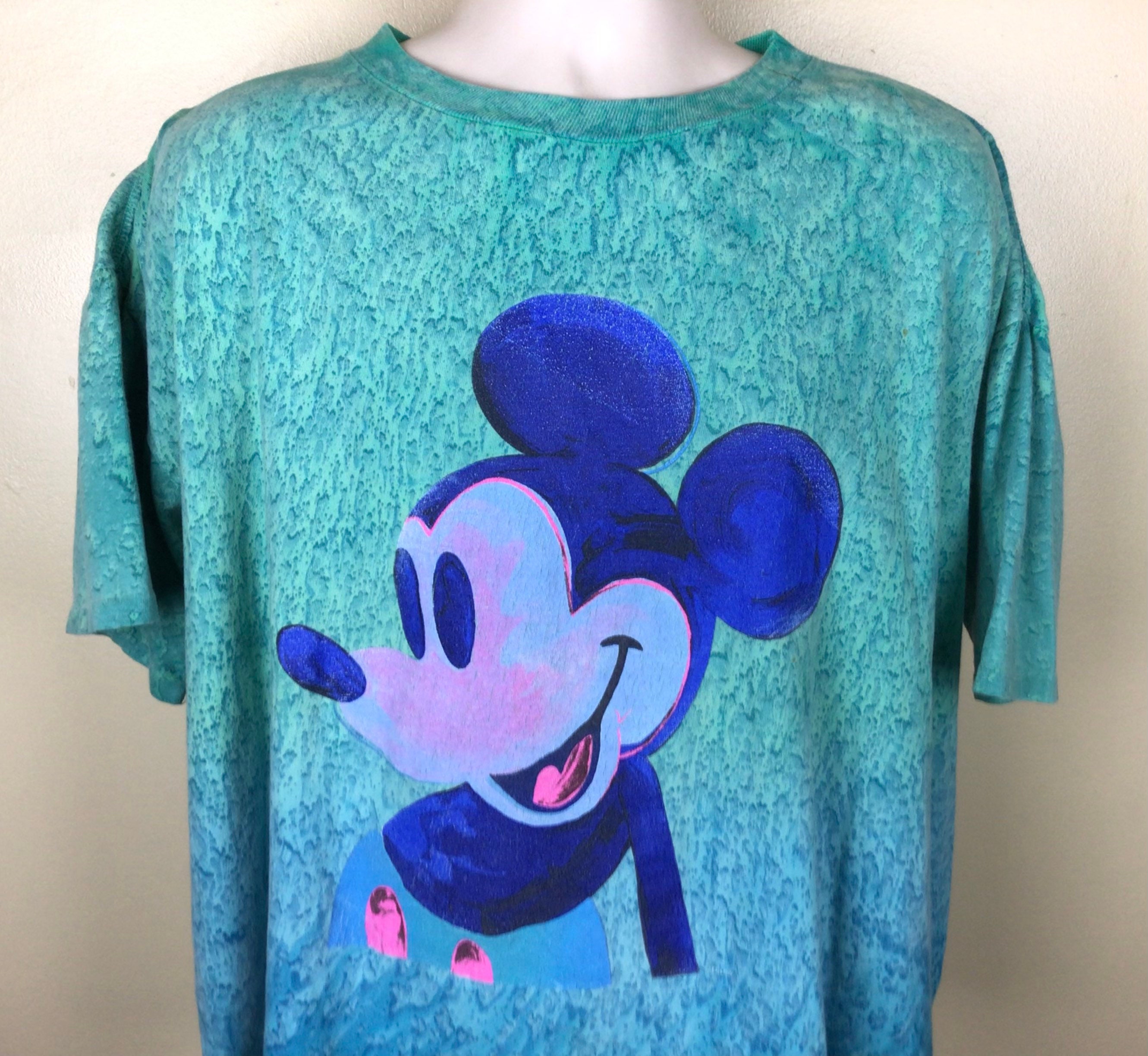 Vtg 90s Mickey Mouse Wide Boxy Fit T-shirt Teal Blue Green Disney