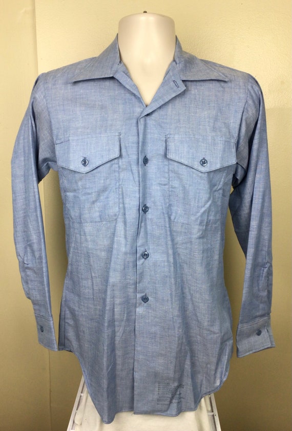 Vtg 70s Martin Mfg Chambray Shirt Blue S Long Sle… - image 2