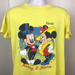 Vtg 80s Mickey and Minnie Mouse Florida T-shirt Yellow L/XL