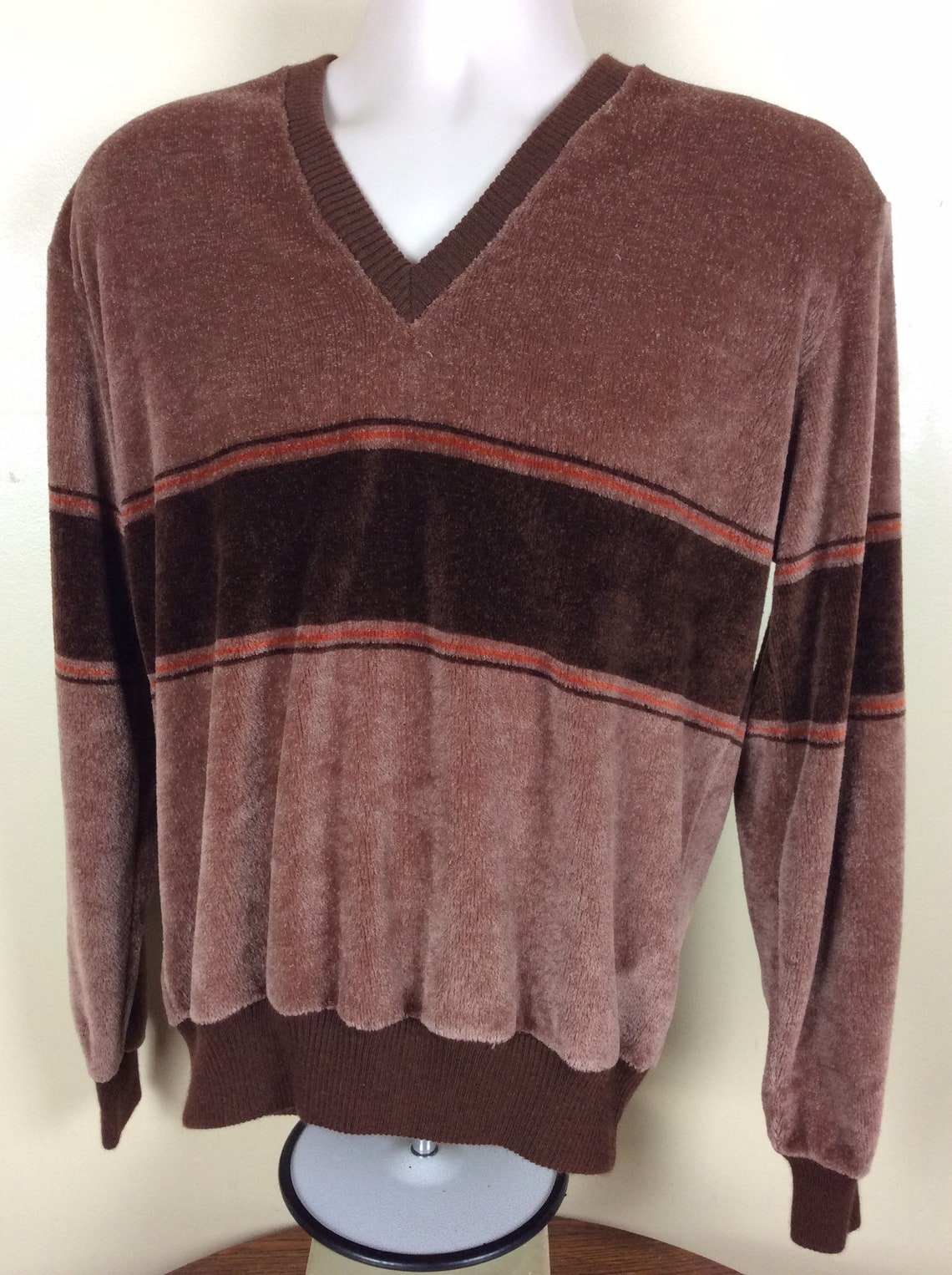 Vtg 70s 80s Velour Brown Striped V-Neck Sweater M/L Sweatshirt | Etsy