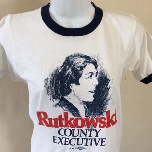 Vtg 1979 Ed Rutkowski County Executive Ringer T-shirt White XS/S 70s ...