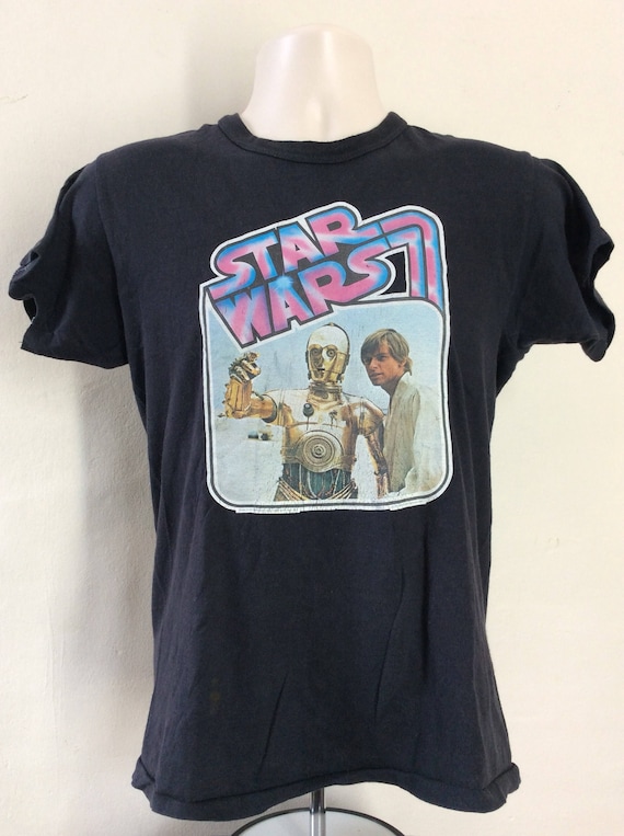 Vtg 70s Star Wars Iron-on T-shirt Black M Sci Fi Movie C-3PO