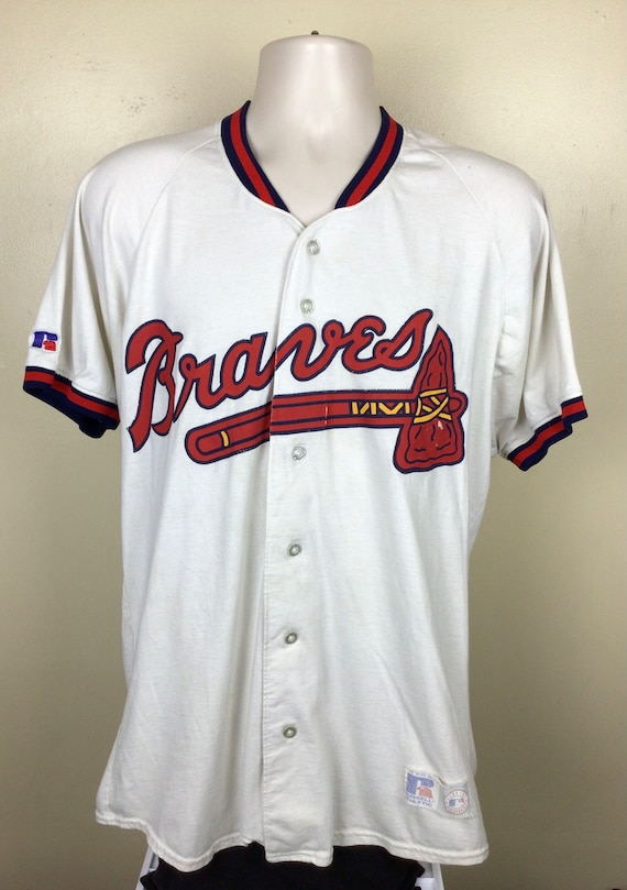 Vtg 90s Atlanta Braves Jersey White L Russell Athletic MLB Baseball Team Made in USA