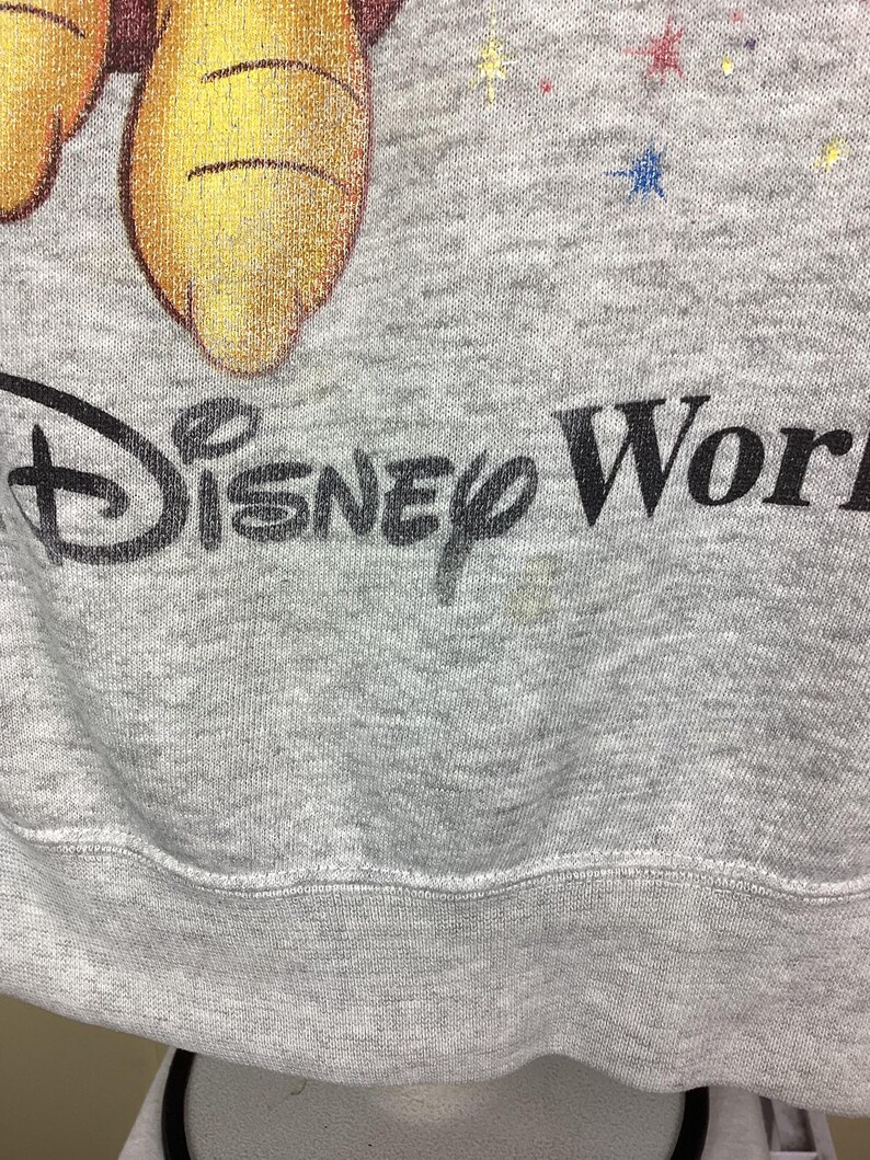 May include: A gray sweatshirt featuring a partial image of Winnie the Pooh and the text "Disney World" in black. The sweatshirt has colorful star accents and a ribbed hem.
