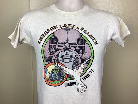 Vtg 1977 Emerson Lake & Palmer Concert T-shirt Beige S 70s