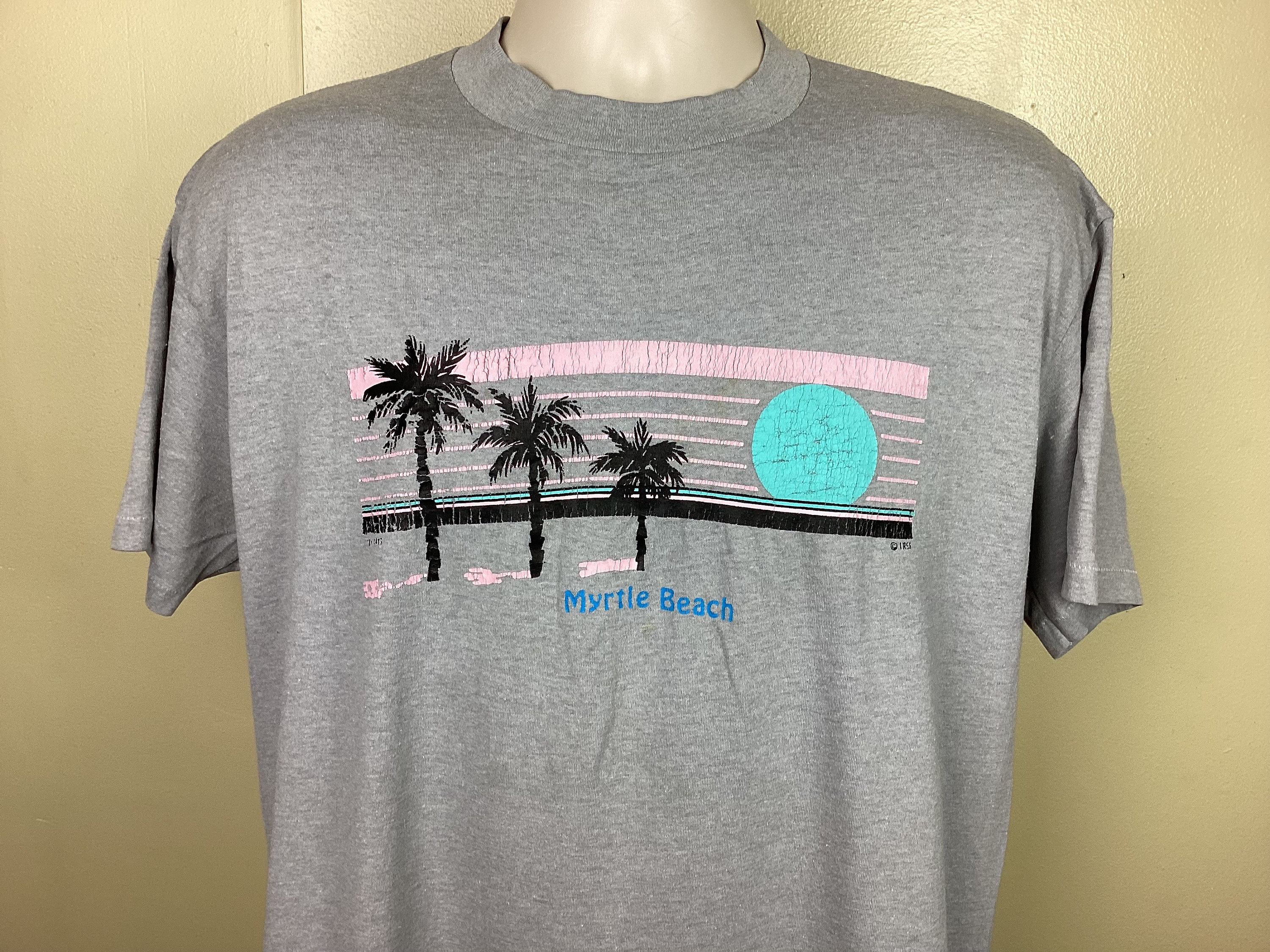 Vtg 80s Myrtle Beach T-shirt Gray XL Palm Trees Sunset Single