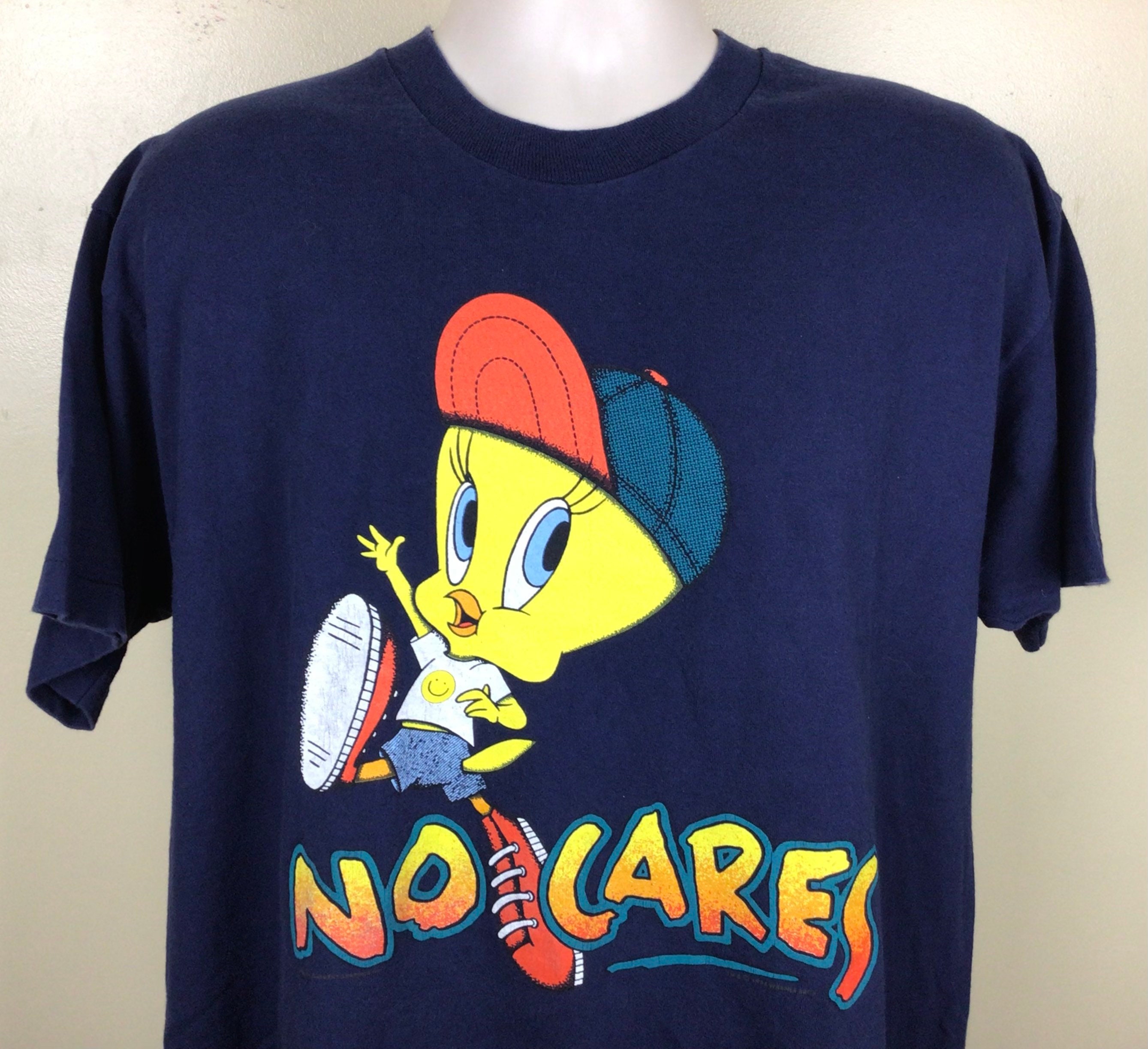 Vtg 1994 Tweety Bird No Cares T-shirt Blue XL 90s Looney Tunes 