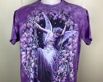 Vintage 2001 The Mountain Fairy T-Shirt Y2K Fantasy Nature Fairy Tale Girl Tie Dye Purple Size M