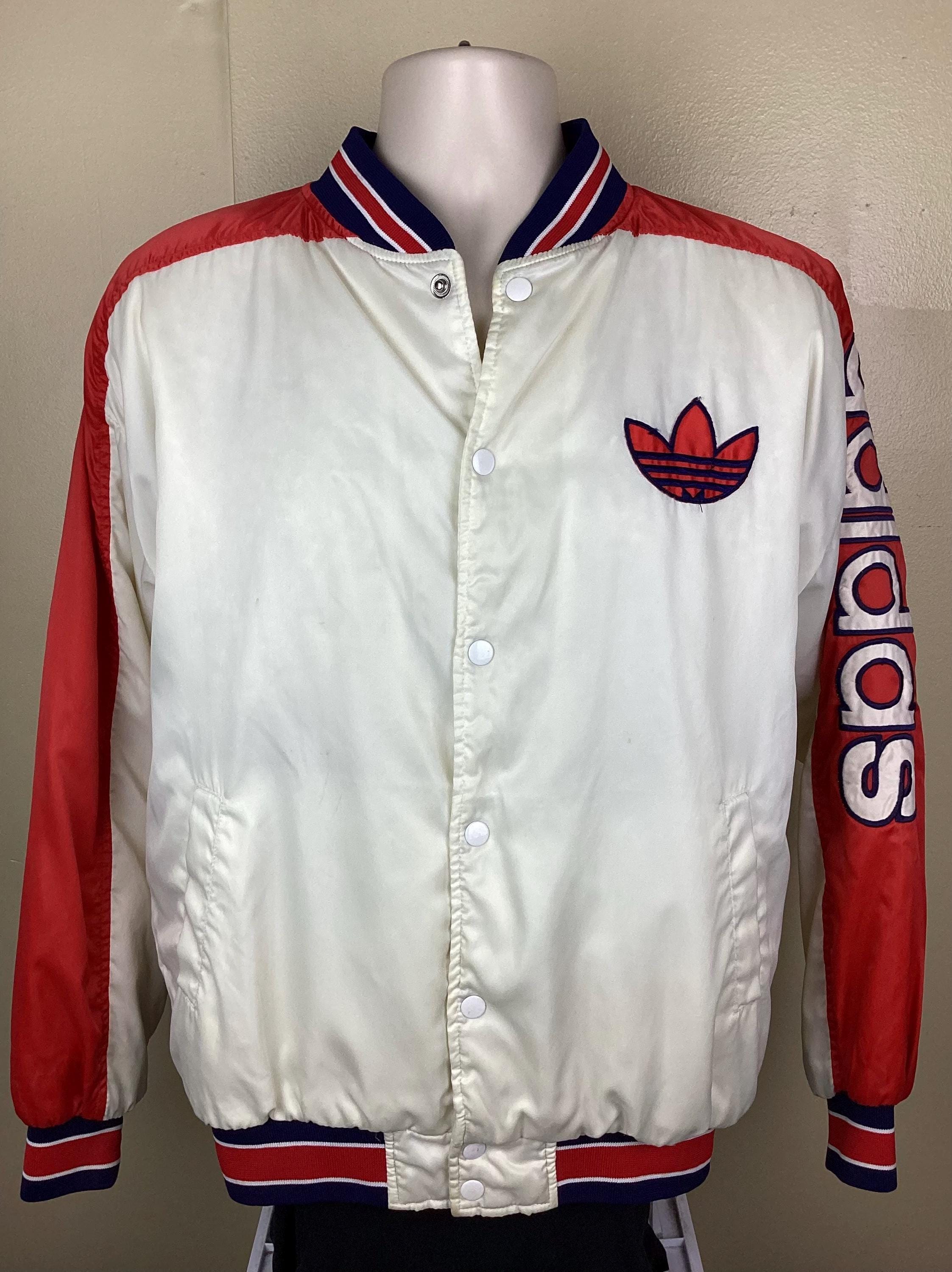 Vtg 80s Adidas Trefoil Logo Jacket White Red M Satin Bomber Run
