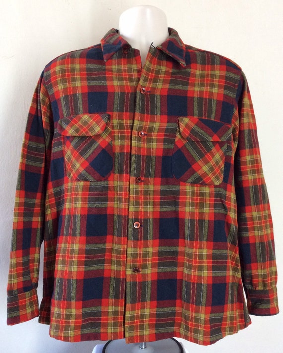 Vtg 70s 80s Pendleton Board Shirt L Red Wool Plaid Flannel Loop