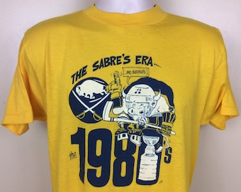 Camiseta vintage Buffalo Sabres de 1980, dourada e amarela, tamanho M/G, time de hóquei da NHL dos anos 80.