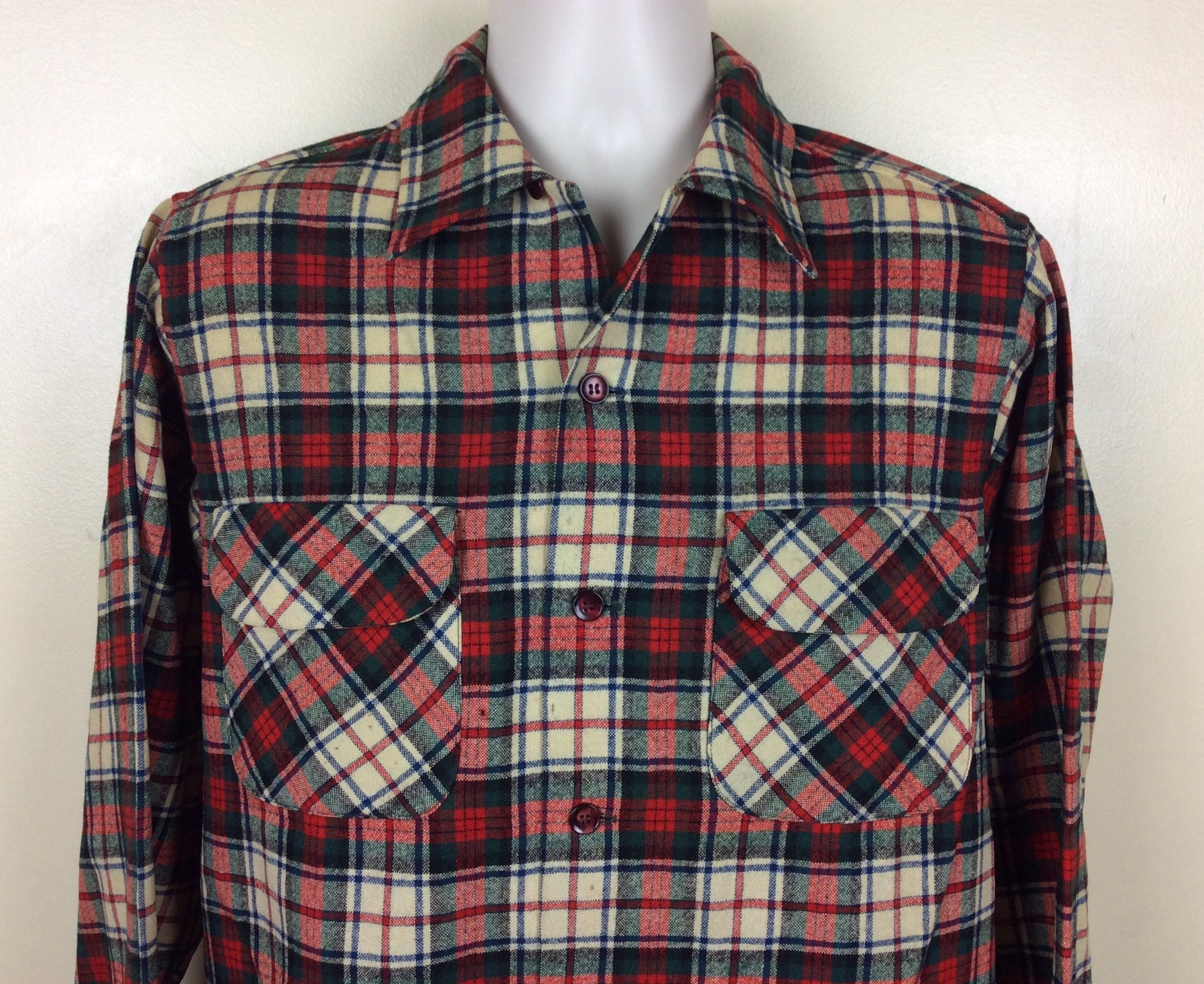 Vtg 50s 60s Pendleton Board Shirt M Green Red Wool Plaid Flannel