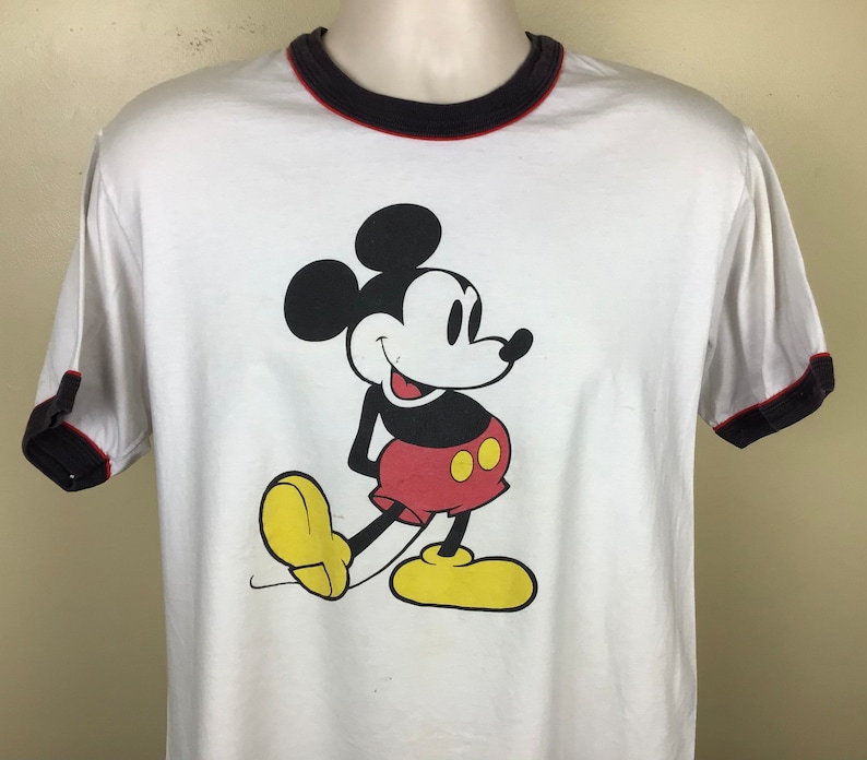 Vtg 80s 90s Mickey Mouse Ringer T-Shirt White L/XL Disney 100% Cotton Made In USA image 1