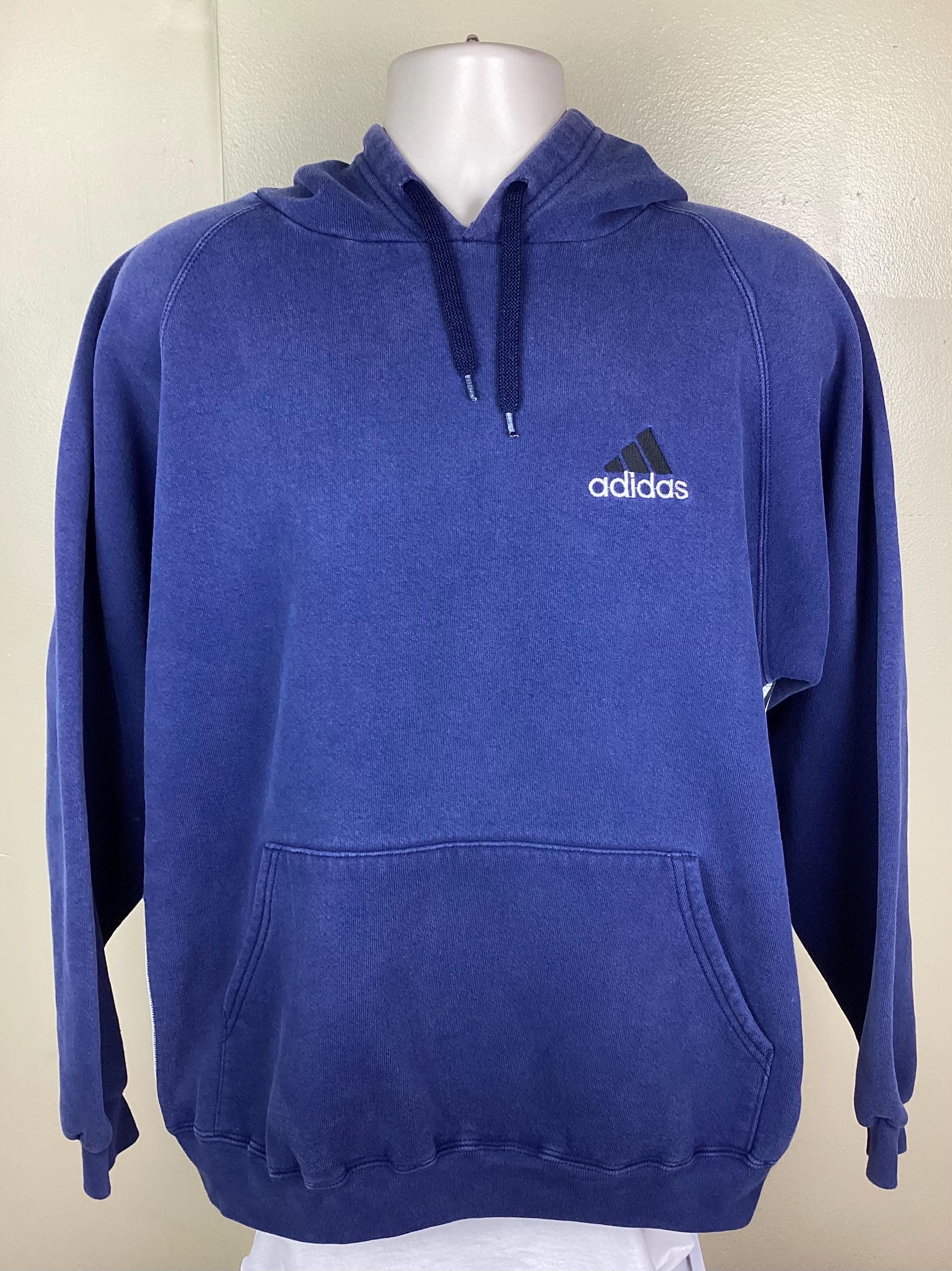 90s adidas トラックパーカー ネイビー y2k 短丈 Vintage 90s Y2K Adidas Raglan Hoodie Navy Blue M Hooded Sweatshirt