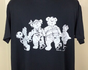 Vtg 80s Bear Family Heads and Tails T-shirt Black XL Funny