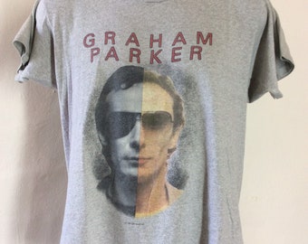 Vtg 1982 Graham Parker Concert T-Shirt Heather Gray M/L 80s Classic Pub Rock New Wave
