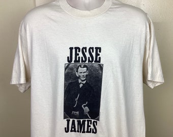 Vtg 90s Jesse James Wanted Poster T-shirt Beige L Double Sided