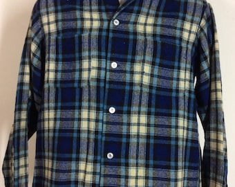 Vtg 50s 60s Van Heusen Wool Plaid Flannel Shirt Blue M Loop Collar