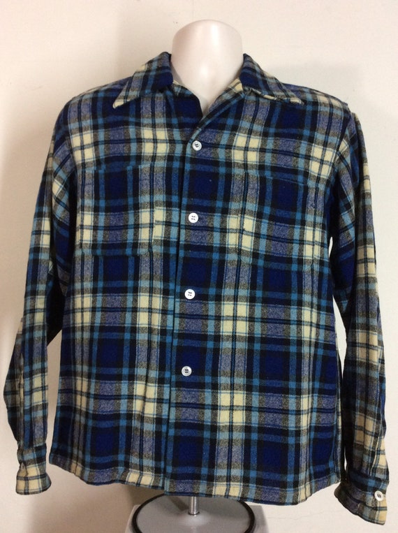 Vtg 50s 60s Van Heusen Wool Plaid Flannel Shirt Bl