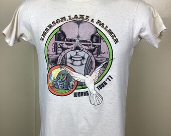 Vtg 1977 Emerson Lake & Palmer Concert T-shirt Beige S 70s Classic