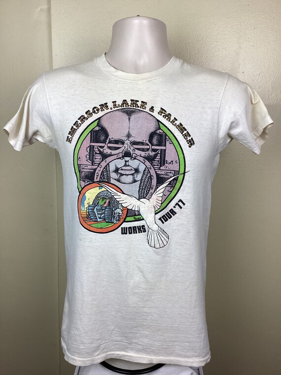 Vtg 1977 Emerson Lake & Palmer Concert T-shirt Beige S 70s Classic